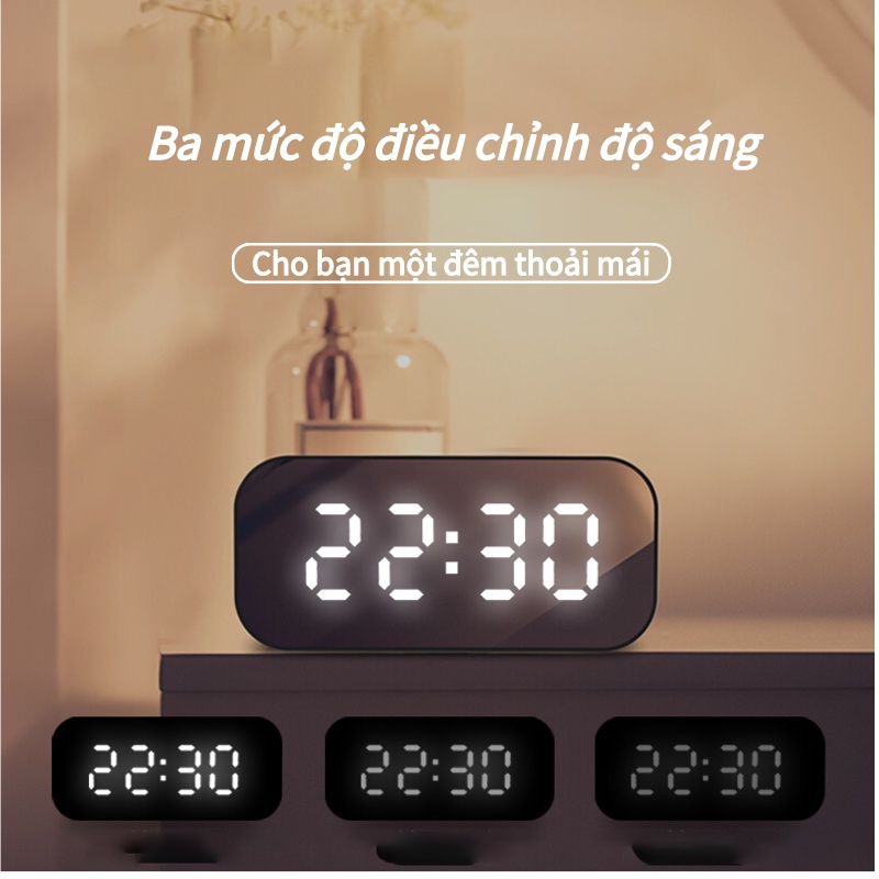 Loa Bluetooth Kiêm Đồng Hồ Báo Thức Mặt Gương Hiển Thị Đèn Led