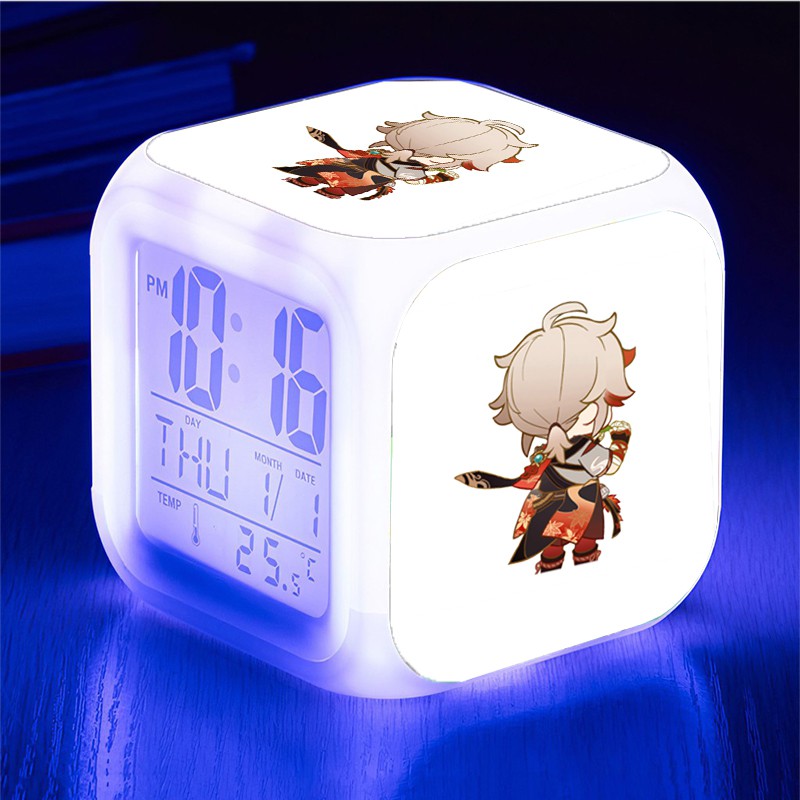 Đồng hồ báo thức để bàn in hình nhân vật KAZUHA Genshin Impact game chibi anime đèn LED đổi màu