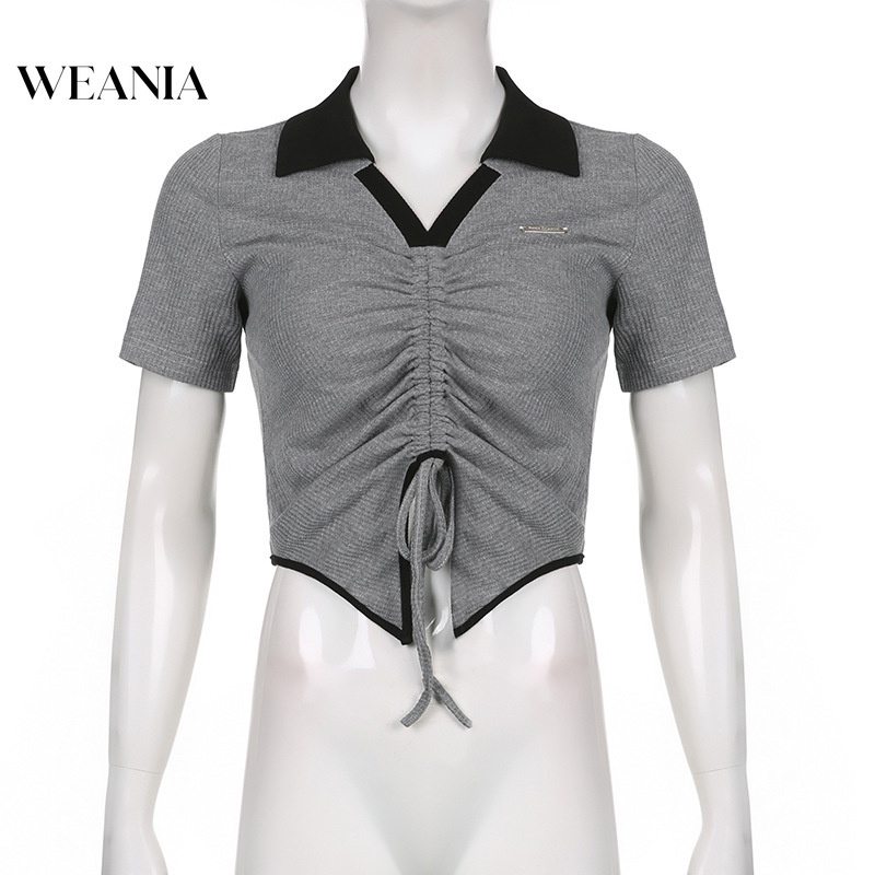 Áo Thun Ngắn Tay Cổ Chữ V Phối Dây Rút Thời Trang Hàn Quốc