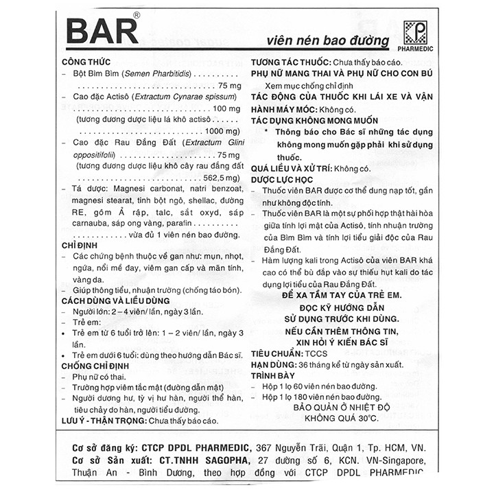 BAR Actiso 180 viên - Viên uống giúp ngủ ngon, thông tiểu, nhuận tràng - Victory Pharmacy