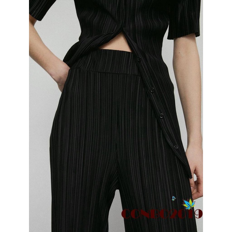 Set Áo Sơ Mi Tay Ngắn Màu Trơn Cài Nút + Quần Dài Lưng Thun Ống Rộng Thời Trang Cho Nữ