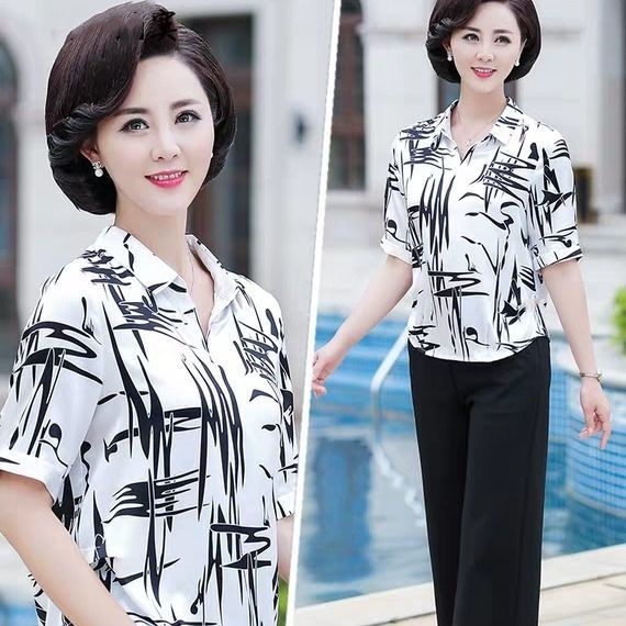 Áo Sơ Mi chiffon Ngắn Tay Họa Tiết Chấm Bi Thời Trang Cho Phụ Nữ Trung Niên