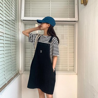 Set váy yếm kaki kèm áo thun kẻ tay lỡ SS30