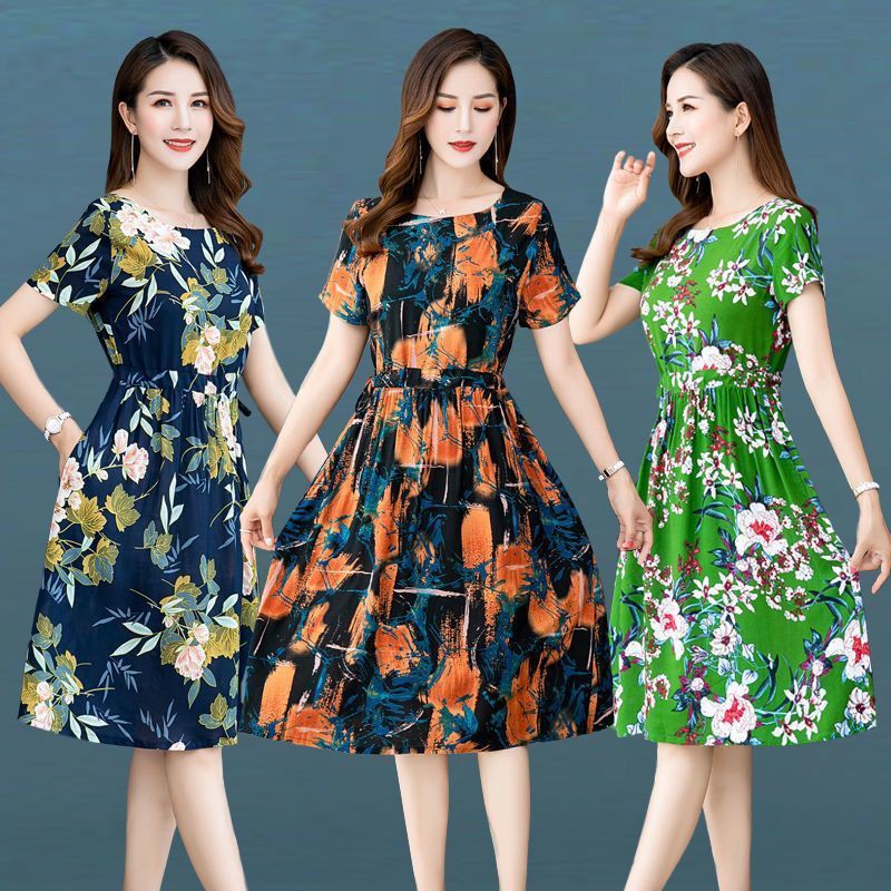 Middle aged fashionVáy cotton mùa hè cho người trung niên và già áo dài tay ngắn mẹ 40-60 tuổi Size Lớn mỏng 【1