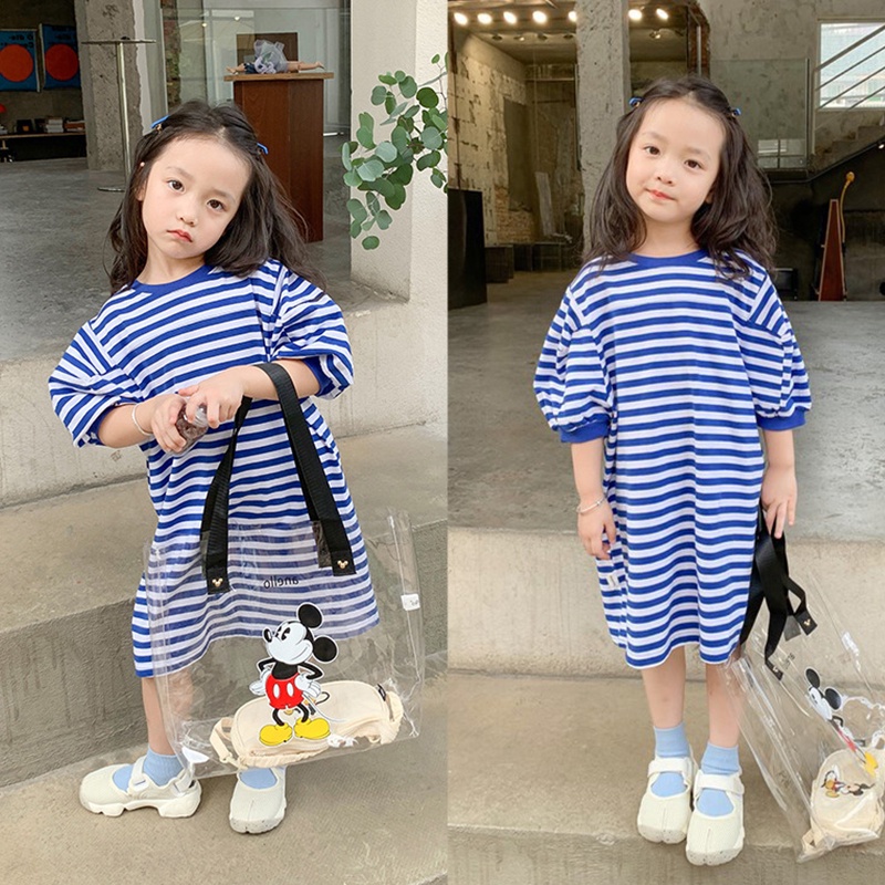 Đầm Thun Tay Lửng Họa Tiết Kẻ Sọc Thời Trang Xuân Hè Mới Cho Bé Gái