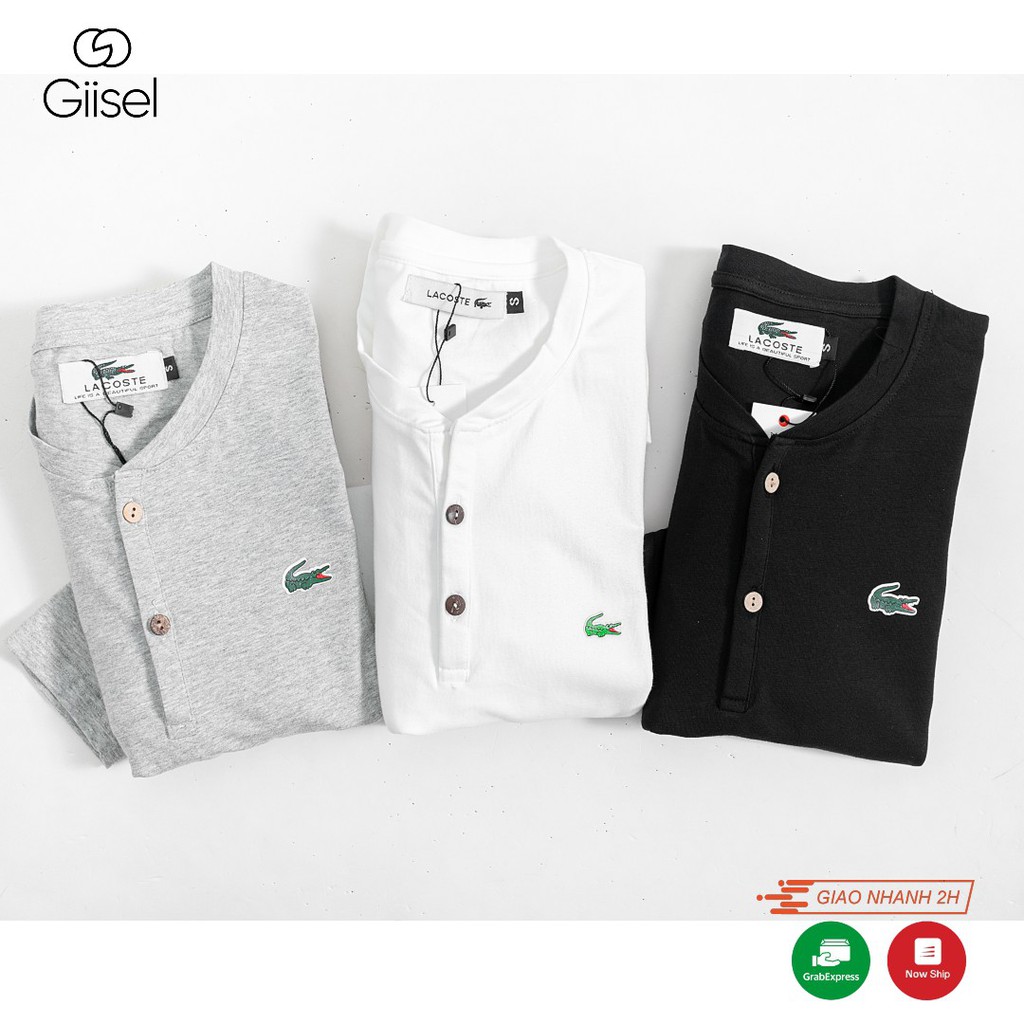 Áo phông dài tay cổ trụ - áo thun nam dài tay cổ cài khuy chất liệu cotton co giãn - có logo ép nhiệt