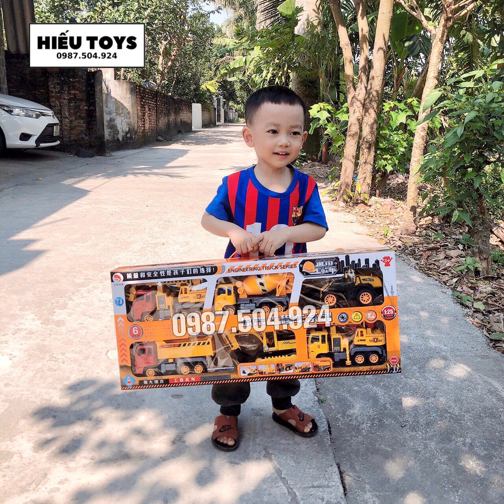 Đồ Chơi Ô Tô  Hộp 6 Xe Tải,Xe Công Trình Xây Dựng   Máy Xúc,Máy Cẩu,Xe trộn Chạy Đà Cỡ Lớn Cho Bé Từ 2 Đến 10 Tuổi