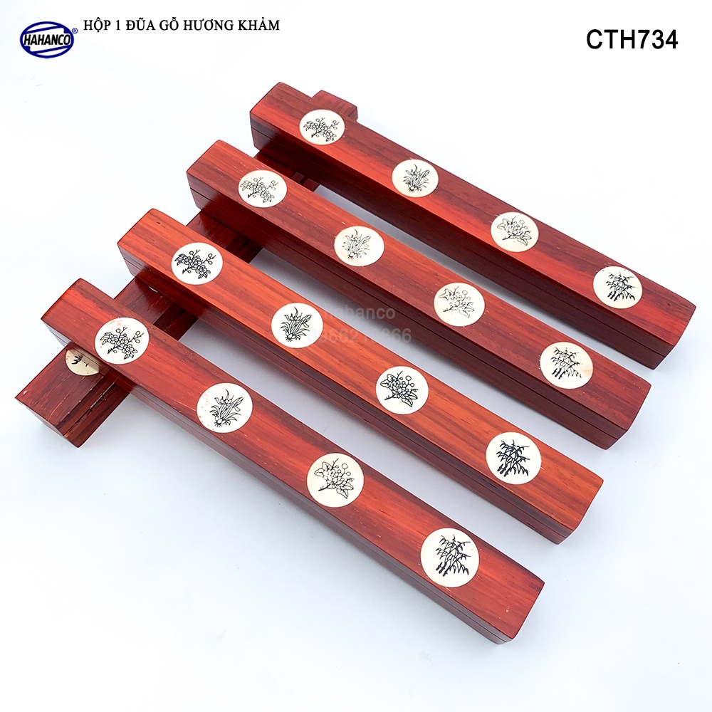Hộp Đũa Gỗ Hương Đỏ Đựng 1 Đôi Khảm Họa Tiết HAHANCO Có Thể Mang Theo Người- CTH734