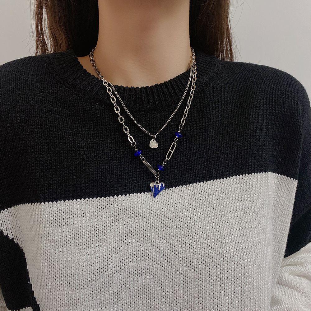 Vòng Cổ Choker Kiểu Dây Xích Mặt Trái Tim Phong Cách Punk Hàn Quốc Màu Xanh Hoàng Gia Thời Trang Dành Cho Bạn Nữ