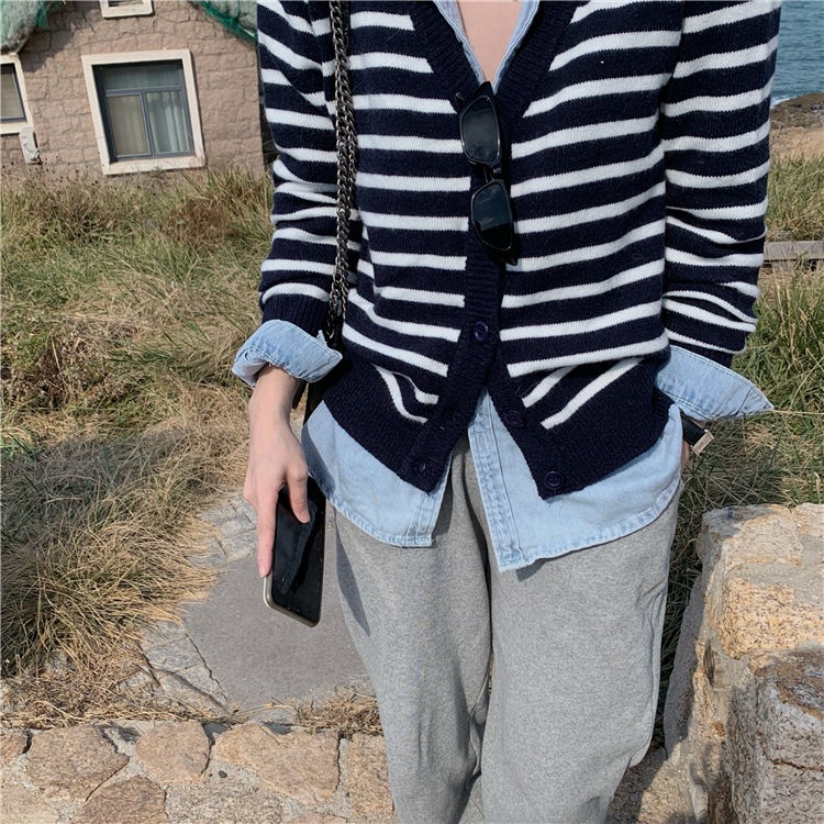 Áo khoác cardigan dệt kim mỏng dáng rộng kẻ sọc phong cách Hàn Quốc tùy chọn màu sắc xinh xắn cho nữ