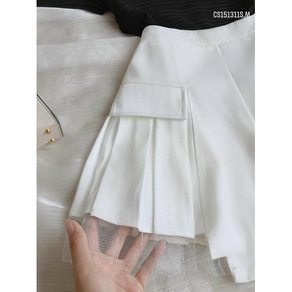 Quần giả váy xếp ly phối lưới