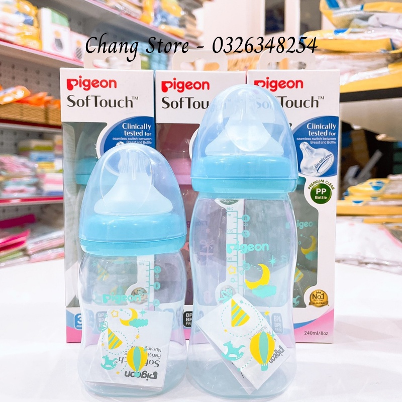 [CHÍNH HÃNG] Bình sữa Cổ Rộng PP Plus Pigeon hoạ tiết Xanh/ Hồng Cho bé từ 0M+ 160ml, 240ml