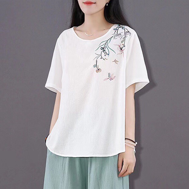 Áo kiểu nữ thêu hoạ tiết hoa độc đáo,Áo nữ cổ tròn chất đũi mát mịn ALe18
