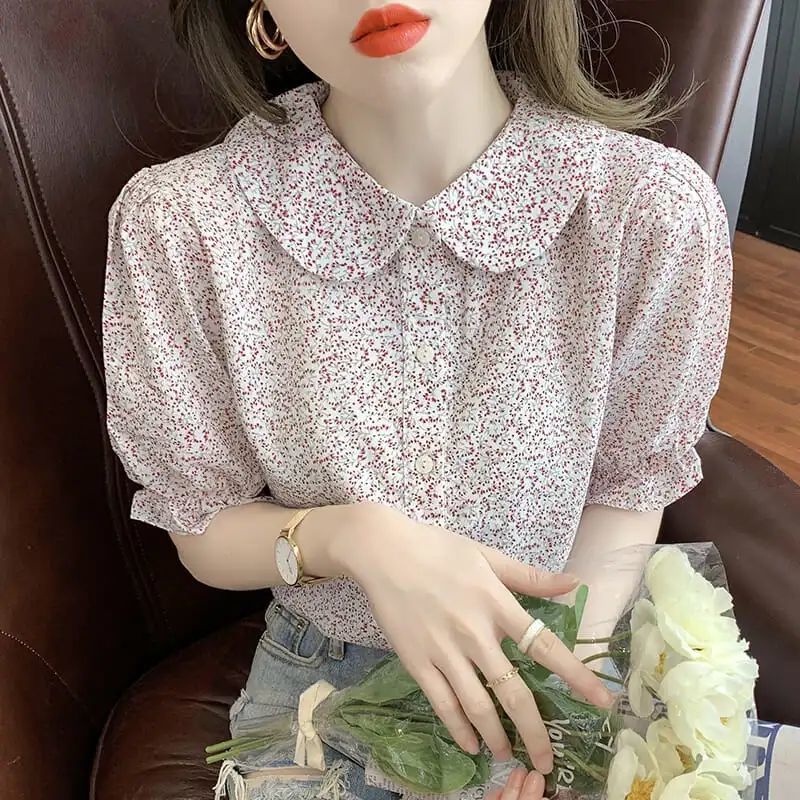 Áo Sơ Mi Voan Hoa Ngắn Tay Thời Trang Hàn Quốc Xinh Xắn