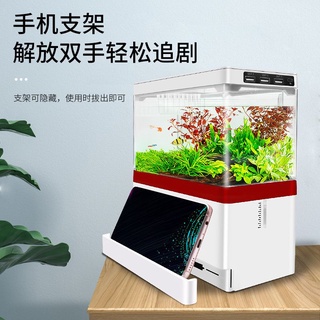 Hồ cá mini để bàn, bể cá mini để bàn, bể cá tích hợp đèn và lọc, làm chân để điện thoại tiện dụng