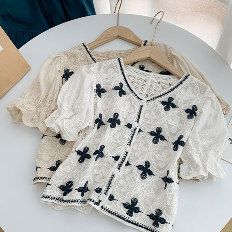 Áo Khoác Cardigan Vải Voan Tay Phồng Ngắn Cổ Chữ V Thêu Hoa Phối Ren Lưng Cài Nút Thời Trang Cho Bạn Gái