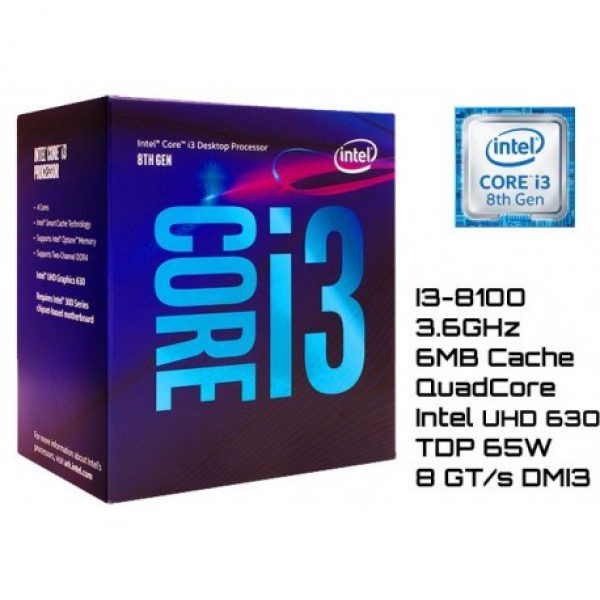 CPU Intel Core i3 8100 Cũ (3.60GHz, 6M, 4 Cores 4 Threads) chạy main H310, B360, B365, Z370