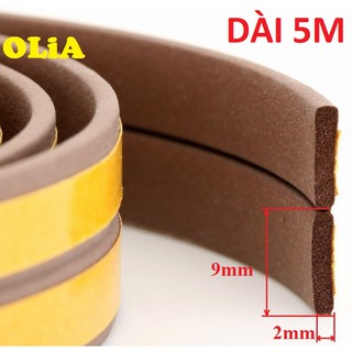 5 mét-Khe hở 9x2mm-Ron Dán Khe Hở Cửa Cách Âm Ngăn Bụi Muỗi-Nâu-Gioăng dán cửa OLIA