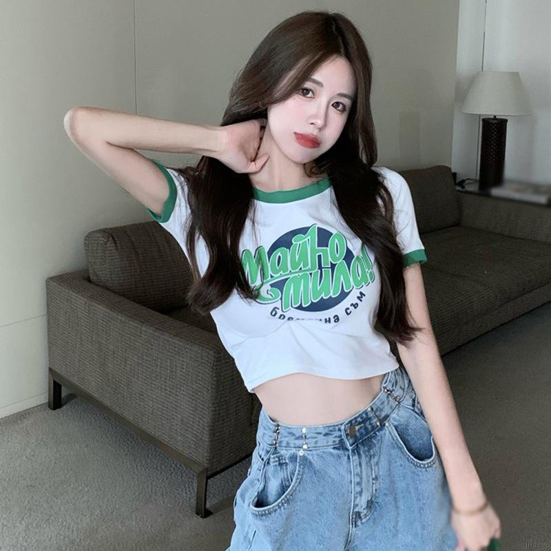Áo thun croptop ngắn tay cổ tròn màu sắc tương phản phong cách Hàn Quốc thời trang hè cho nữ