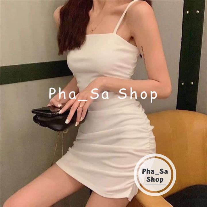 Váy Body Đen Đầm 2 Dây Nhún Thân Hở Lưng Phối Dây Phong Cách Sexy Gợi Cảm