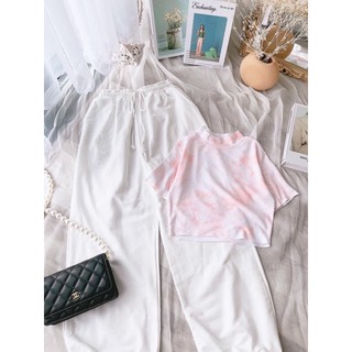 Set áo croptop loang hồng kèm quần trắng bom