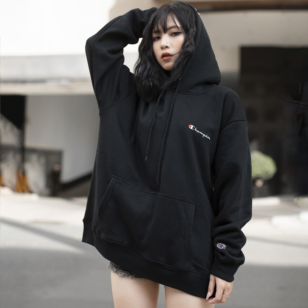 Áo Hoodie Thêu Logo Champion Sắc Nét Vải Nỉ Bông Cotton Form Rộng Rãi Unisex ,Màu Đen