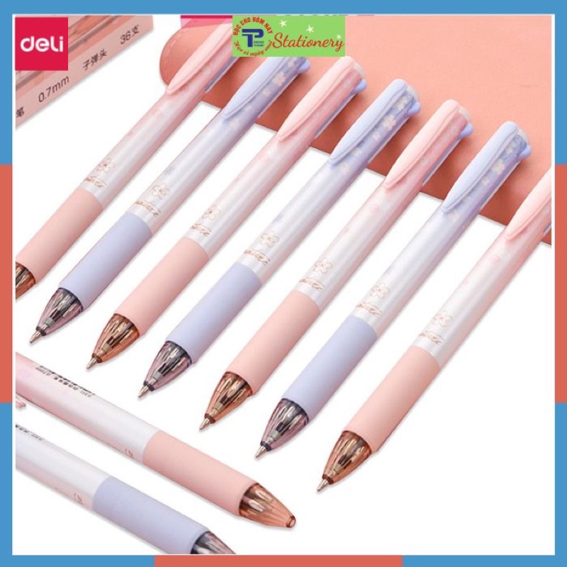 Bút bi dầu Deli đầu bấm nhiều ngòi 4 màu mực 0.7mm họa tiết hoa xinh xắn đệm tay chống trượt nét viết đều trơn tru S311