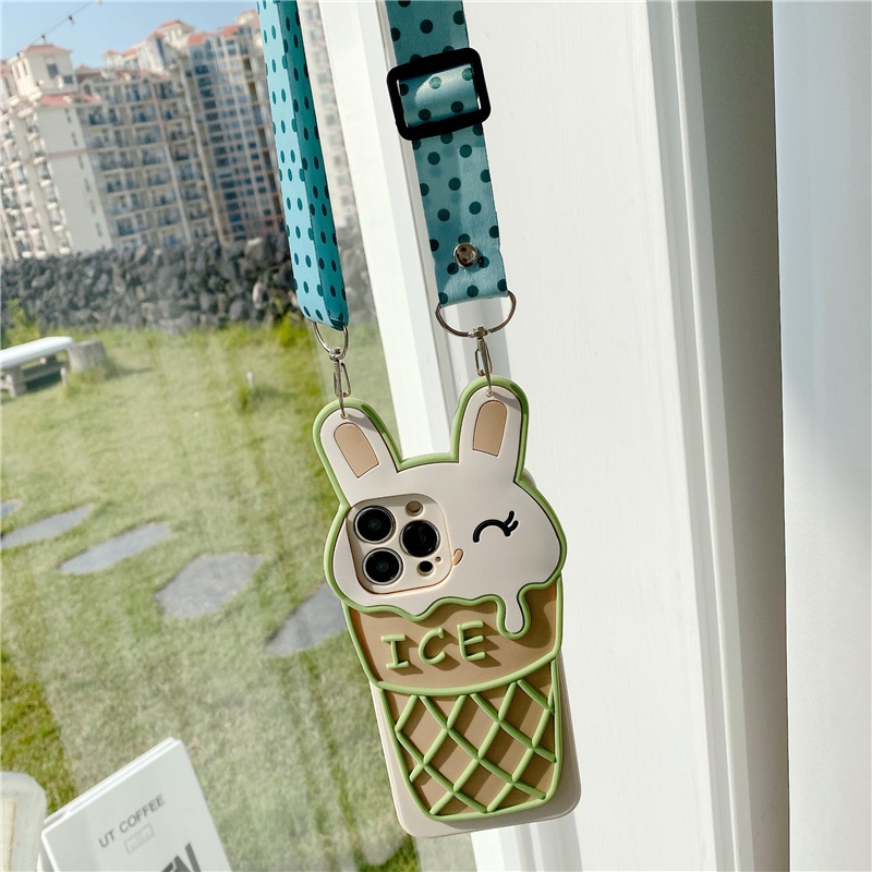 For Samsung Galaxy S22 S21 S20 S10 S9 S8 Plus S21FE S20FE Note 20 10 9 8 3D Ice cream rabbit cartoon mobile phone case with lanyard