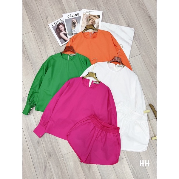Set áo sơmi thô tay ngọc + quần short
