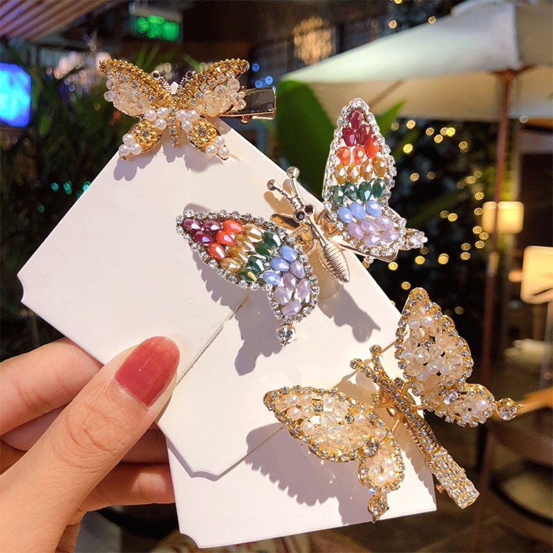Kẹp Tóc Mái Bằng Kim Loại Hình Bướm Đính Đá Pha Lê Lấp Lánh Cho Nữ