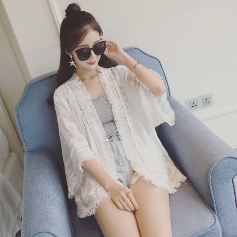 [Baywellfashion]FREESHIP ĐƠN 99K_ Women Lace Embroider Loose Chiffon Blouse Tops Summer Beach Cover up Tassel Cardigan | BigBuy360 - bigbuy360.vn