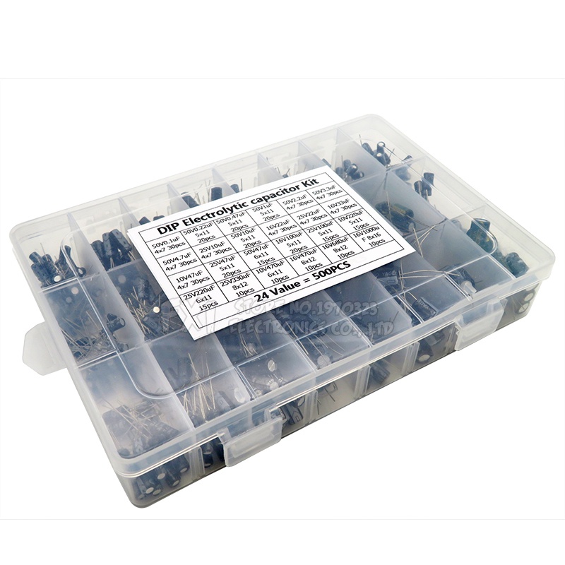 Hộp 500 Tụ Điện Phân Bằng Nhôm 0.1UF-1000UF 24Values 16-50V