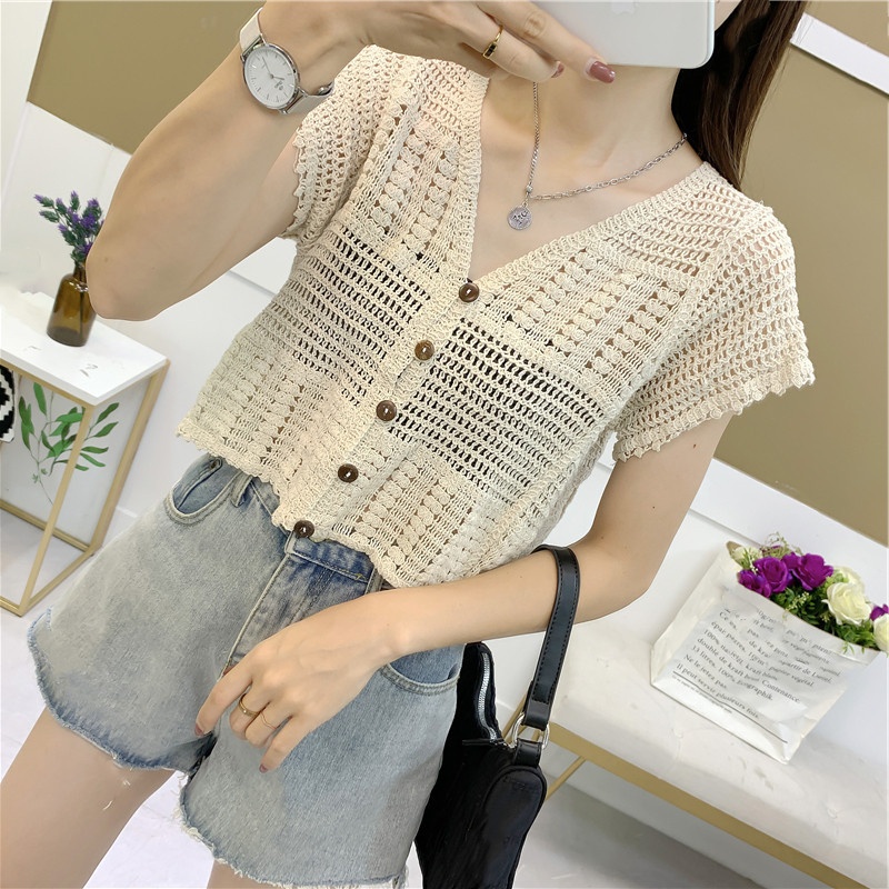 Áo Lửng Ngắn Tay Phối Ren Phong Cách Quyến Rũ Thanh Lịch Dành Cho Nữ