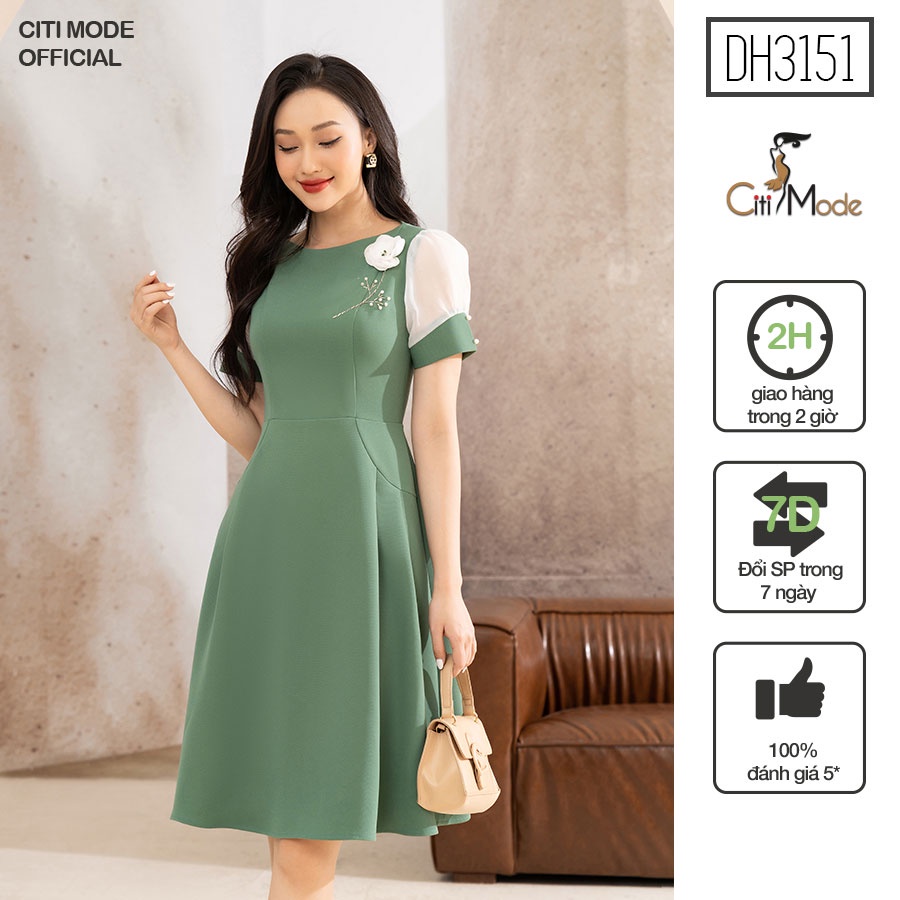 Đầm xòe công sở CITI MODE xanh lá tay phối voan trắng đính hoa vai cao cấp DH3151