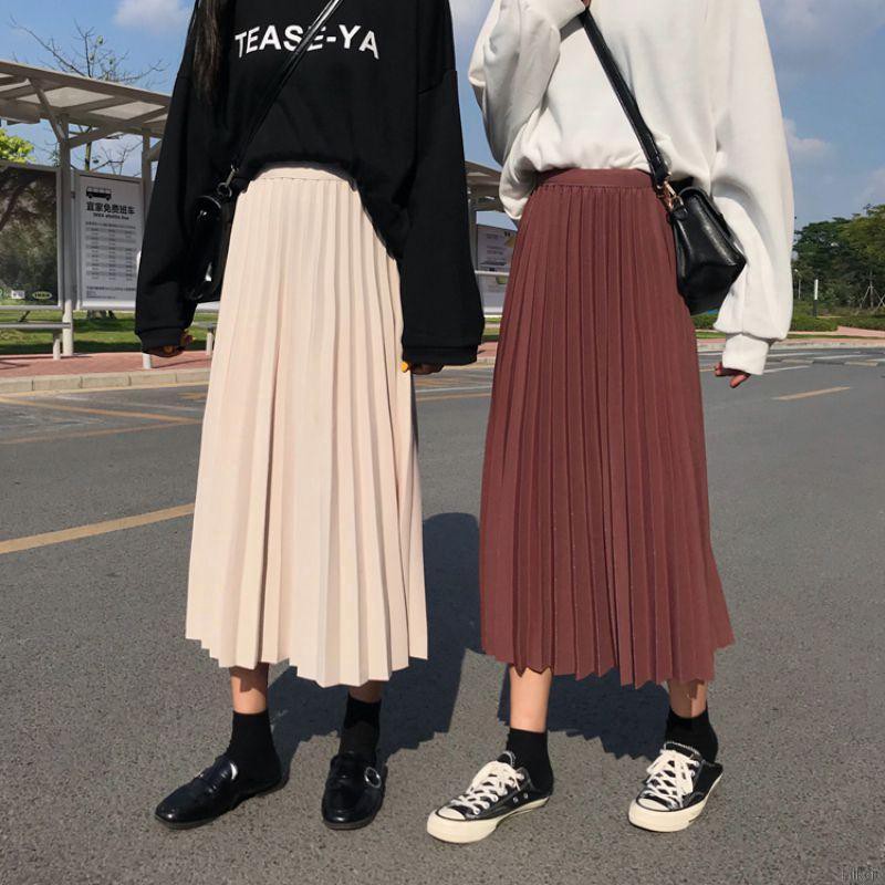 ✨ in2it ღ Women Elastic High Waist Pleated Wild Long Paragraph Skirt | WebRaoVat - webraovat.net.vn