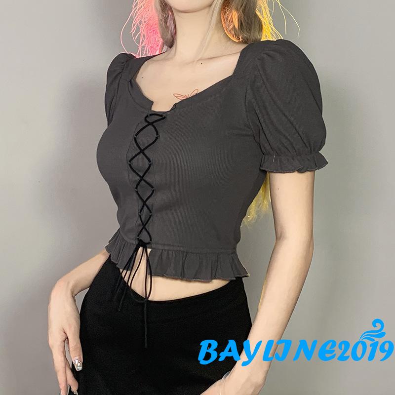Áo Croptop Tay Phồng Ngắn Thiết Kế Dây Rút Phía Trước Thời Trang Mùa Hè Cho Nữ