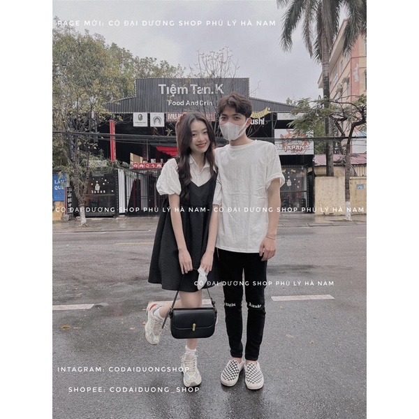 set áo sơ mi trắng kèm yếm đen phồng