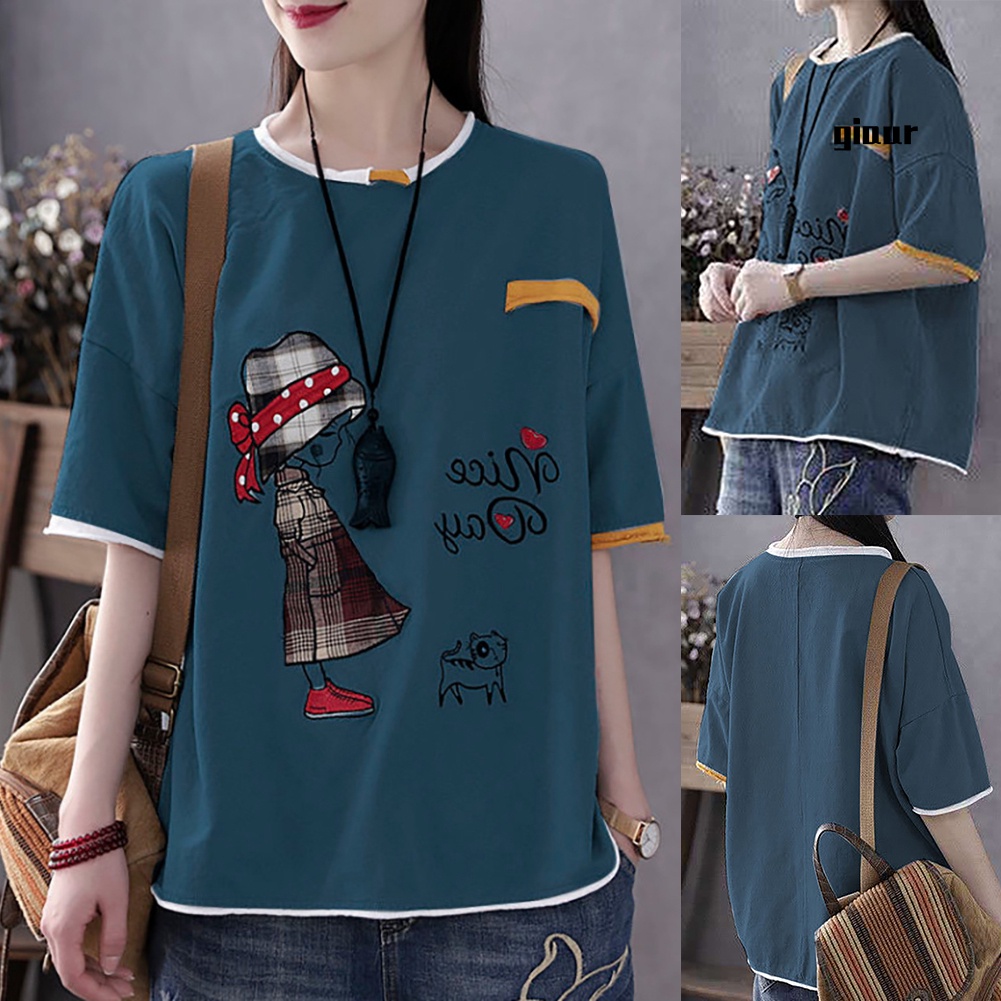 Áo Thun Cotton Tay Ngắn Cổ Tròn In Hình Mèo Hoạt Hình Dành Cho Nữ