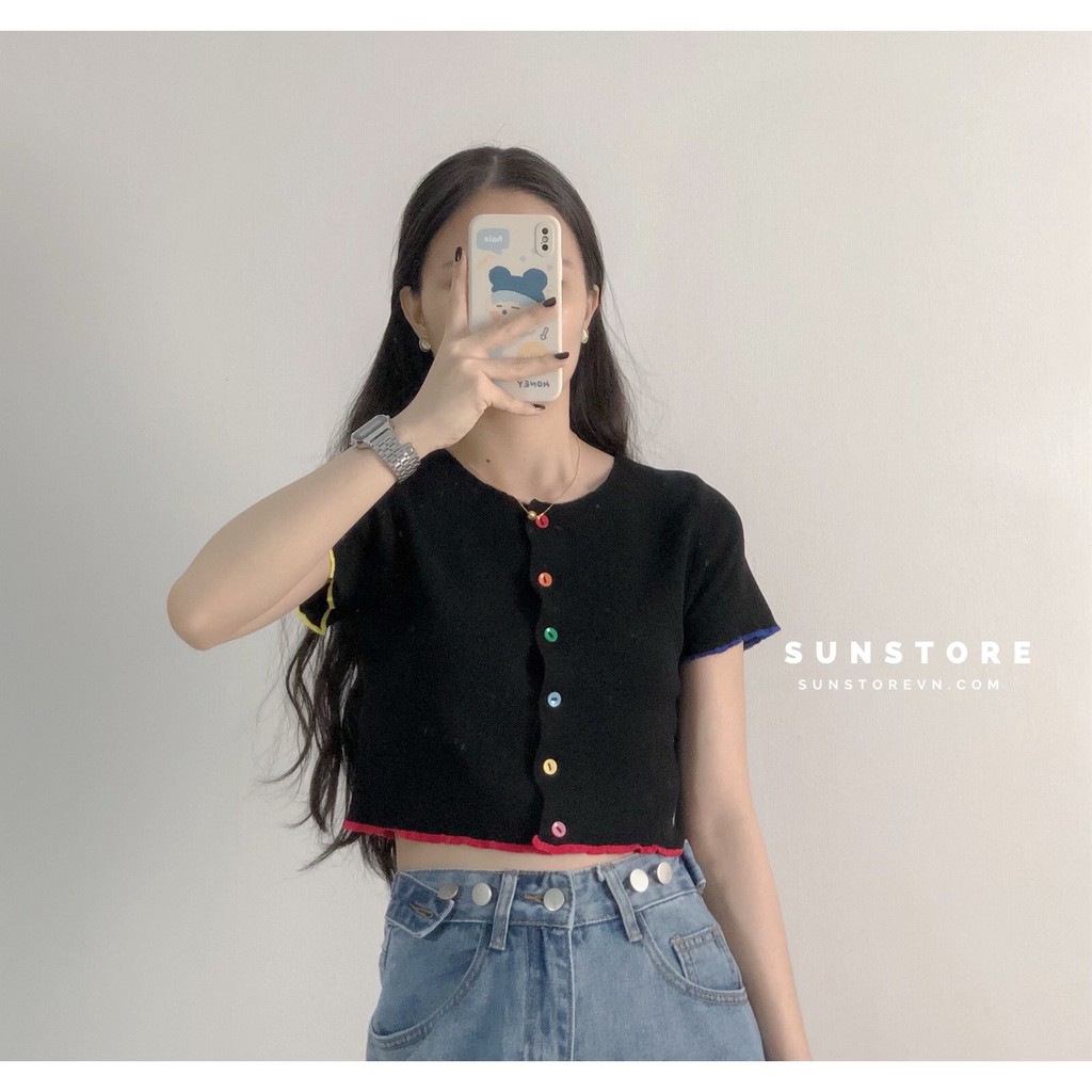 Áo croptop ôm len dệt kim tay ngắn viền màu sắc 2 màu Ulzzang