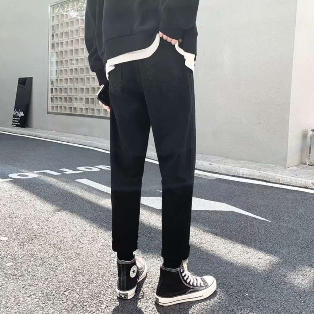 [Tiền Nào Của Đấy]Quần Jean Baggy Nam Ống Rộng Màu Đen Trơn Basic Unisex Vải Co Giãn-B01