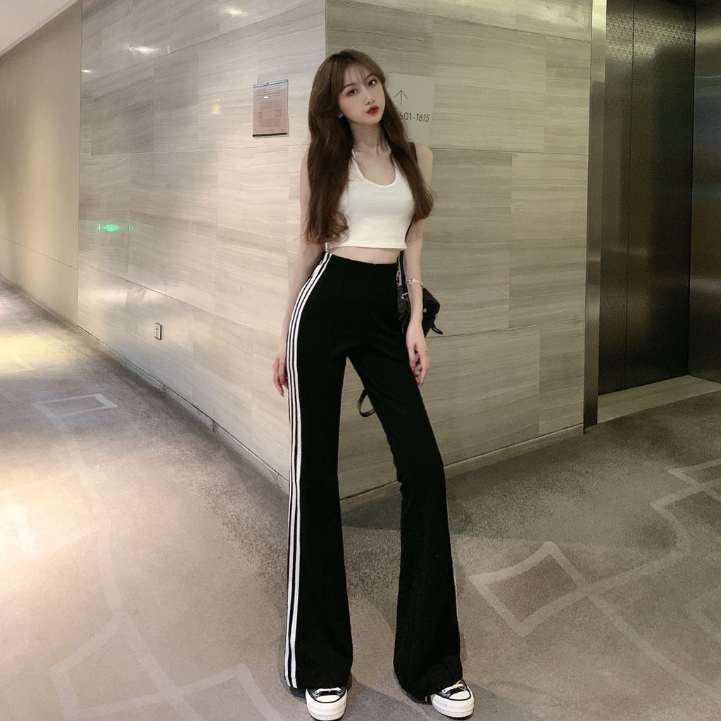 Quần ống loe 3 sọc cạp cao nữ dài có size đen quần legging nữ ôm lưng chun thun vải co giãn học sinh công sở sexy C712