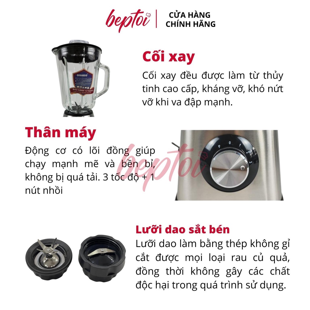 Máy xay sinh tố Osako, máy xay đa năng cối thuỷ tinh, dao thép không gỉ công suất 450W ST-03 - BH 12 tháng