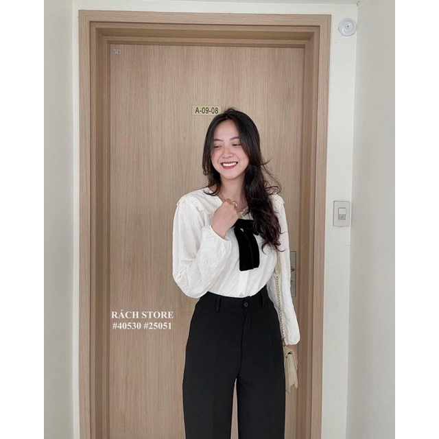 [RÁCH STORE] Áo kiểu cổ thuỷ thủ ren vải xốp hoa (28007)- Quần tây ống rộng 1 nút (10061)