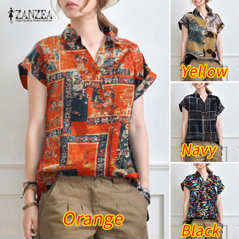 Áo sơ mi Zanzea tay ngắn cổ bẻ in họa tiết thời trang thanh lịch cho nữ