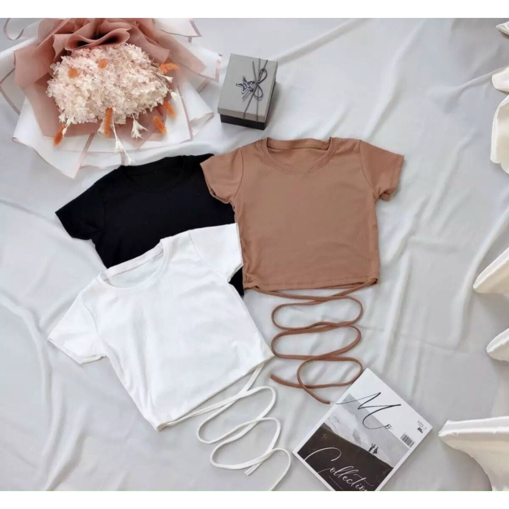 [Áo kiểu hot] Áo thun kiểu croptop quấn eo VISAVA hot 2021, trắng, đen | BigBuy360 - bigbuy360.vn