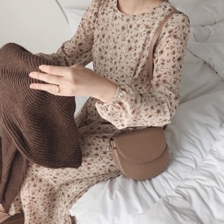 Váy hoa nhí màu nâu tây vintage