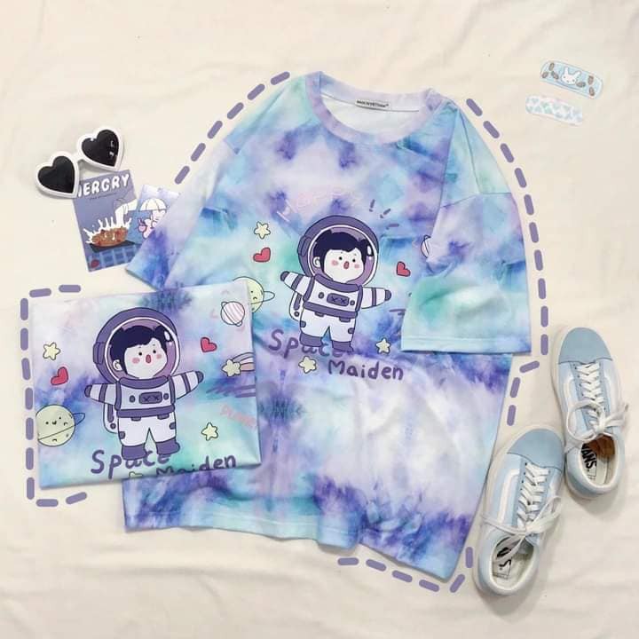 [Kèm hình thật Áo tay lở loang màu Tie Dye Space vũ trụ in hình chibi cute cực chất unisex