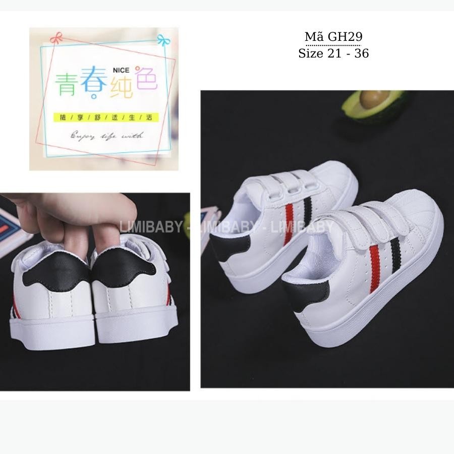 Giày trẻ em LIMIBABY, giày thể thao cho bé trai bé gái trắng 2 sọc đen đỏ đi học đi chơi 1 đến 10 tuổi cá tính GH29