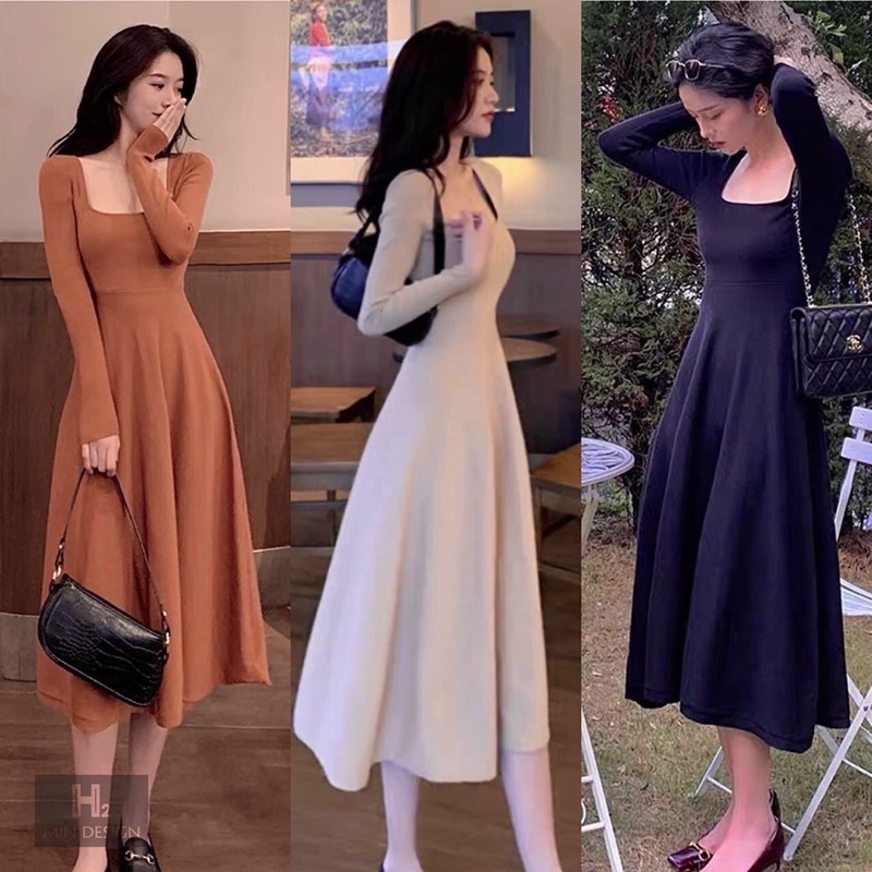 Váy len dáng dài cổ vuông thân xoè hàng QC