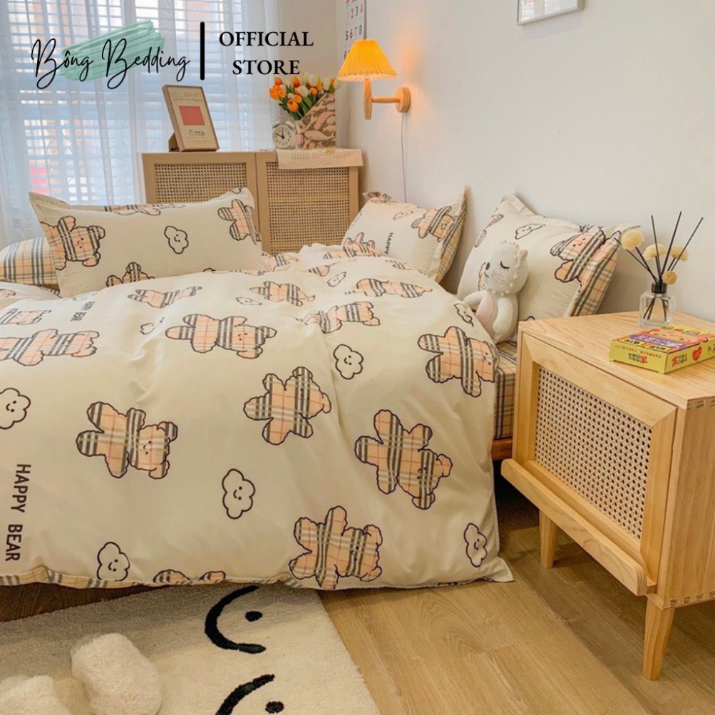 Bộ Chăn Ga Gối Cotton Poly Gấu Be Phối Ga Kẻ HIN BEDDING Miễn Phí Bo Chun